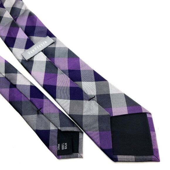Van Heusen Silk Tie Purple Plaid Print - Picture 5 of 6